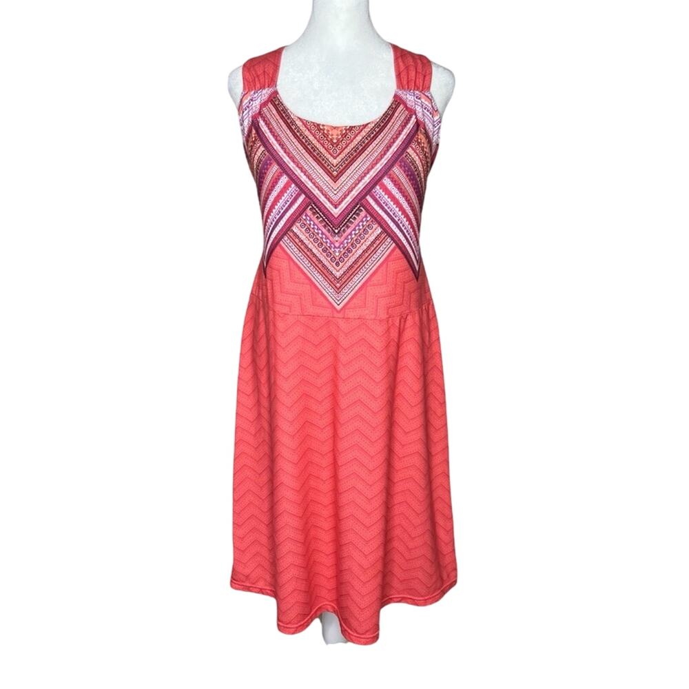 prAna Phoebe Cross Back Dress M Viola Pixie Coral Pink Geometric Shelf Bra